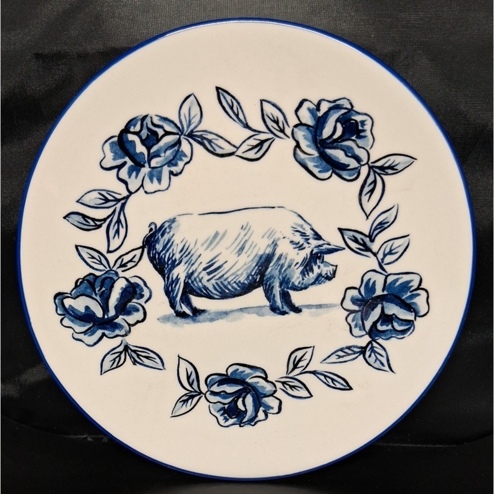 Molly Hatch Blue and White, Hand-painted Pig surrounded by roses and leaves
